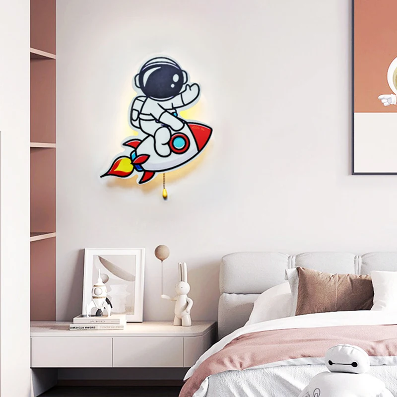 Creative Astronaut Wall Lamp With ON/OFF Switch Cartoon Spaceman Metal Sconce Battery Operated Wall Light Kids Baby Children