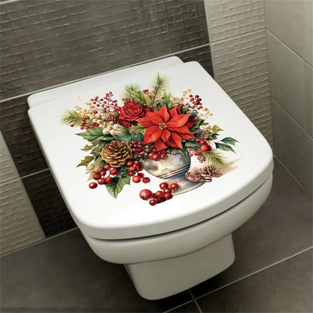 

Christmas Maple Pine Tower Berries Toilet Lid Decals Self-Adhesive Removable Wall Stickers For Restroom Festive Party Supplies