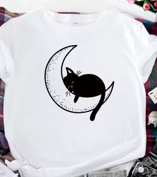 Kat Slapen op Maan Print T-shirts Zomer Vrouwen T-shirt Tops Camisetas Mujer Vrouwen Korte Mouw O Hals Losse T-shirts