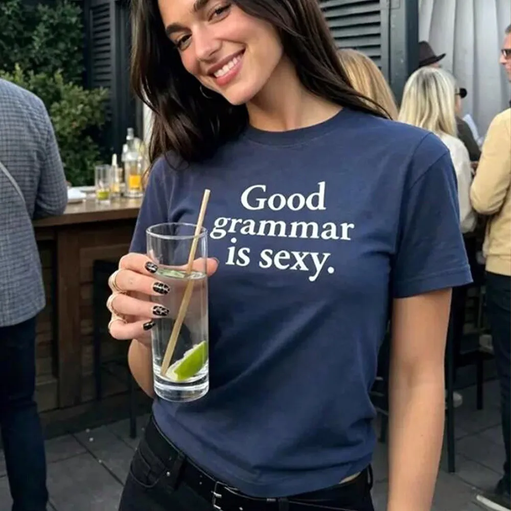 Good Grammar is Sexy Letters Printing Women Navy Short Sleeve T Shirts Summer Loose Casual Tops Crewneck Cotton Simple Tees