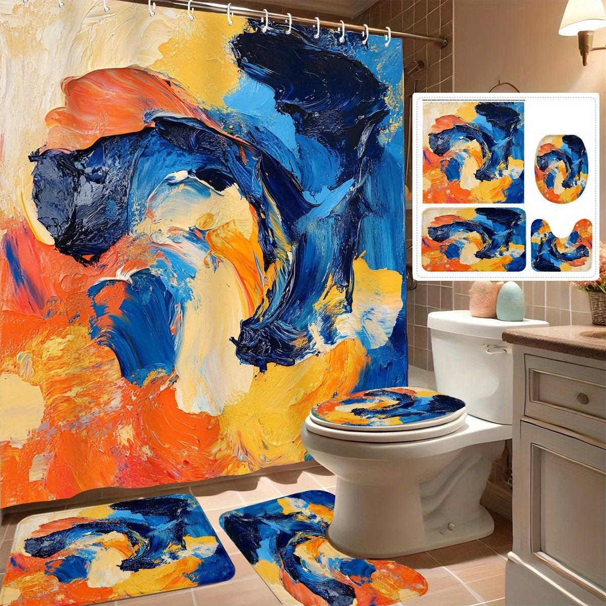 

4pcs Shower Curtain Set, Abstract Color Swirls, Modern Bathroom Decor, Includes 12 Hooks, Non-Slip Bath Mat, U-Shaped Toilet