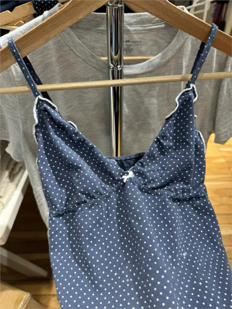 

Cute Navy Dot Fungus Trim Bow Tank Tops Women Casual Cotton Slim V-neck Sleeveless Camis Girls Sweet Preppy Style Y2K Crop Top