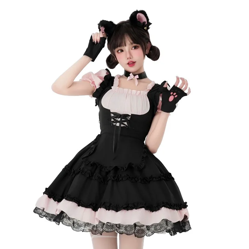 

Anime Cat Maid Lolita Dress Uniform Cosplay Princess School Dress with Headwear Tail Suit for Women Halloween Party Outfits