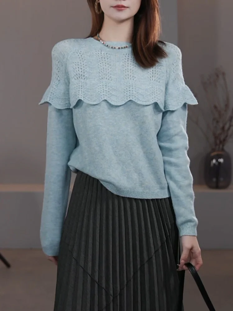 

Design Sensation Hollow out Long Sve round Ne Sweater Autumn New Sle plus Size Versatile Slimming Top for Women