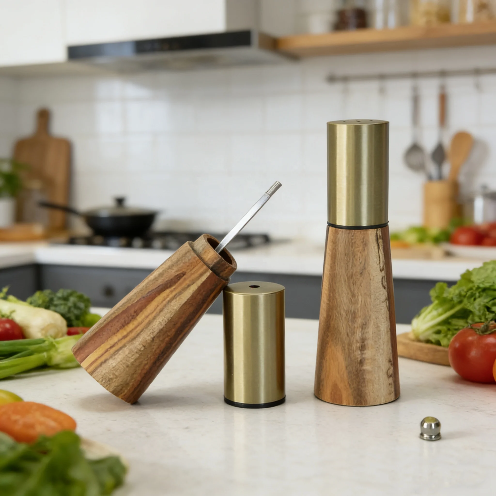 Tapered Acacia Wood Eco-Friendly Food Safe Salt Pepper Mill Set Refillable Manual Spice Grinder Adjustable Grind for Kitchen