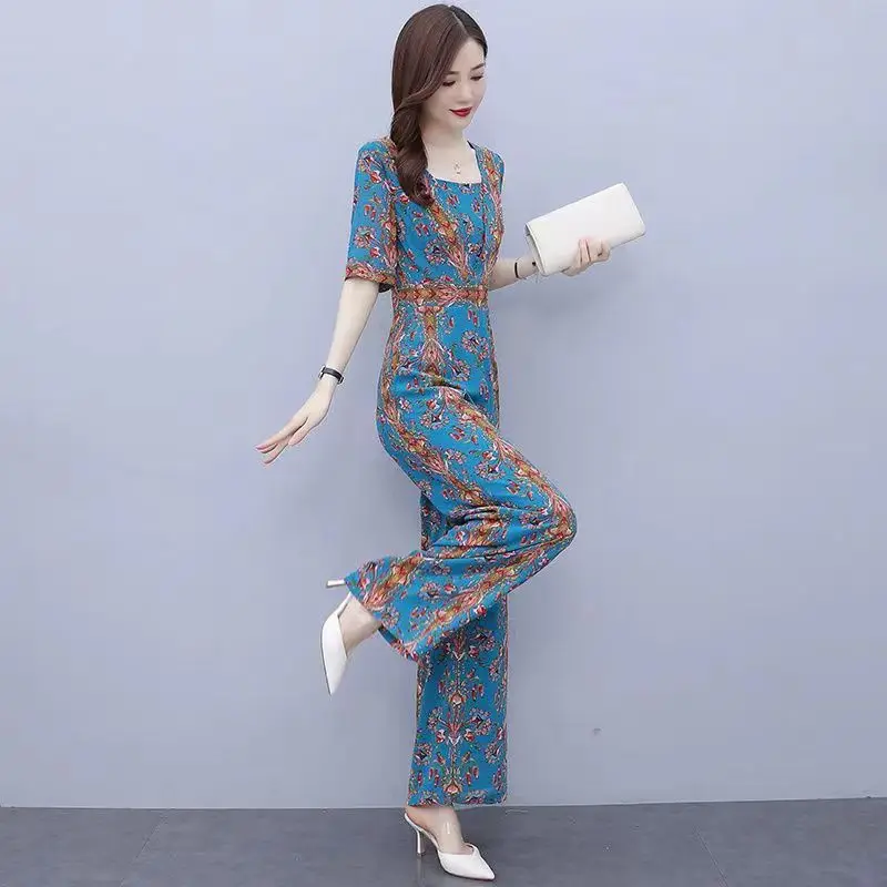 

2023 New Fragmented Chiffon Bodysuit Set For Women's Summer Thin Style Sagging Wide Leg Bodysuit Jumpsuit