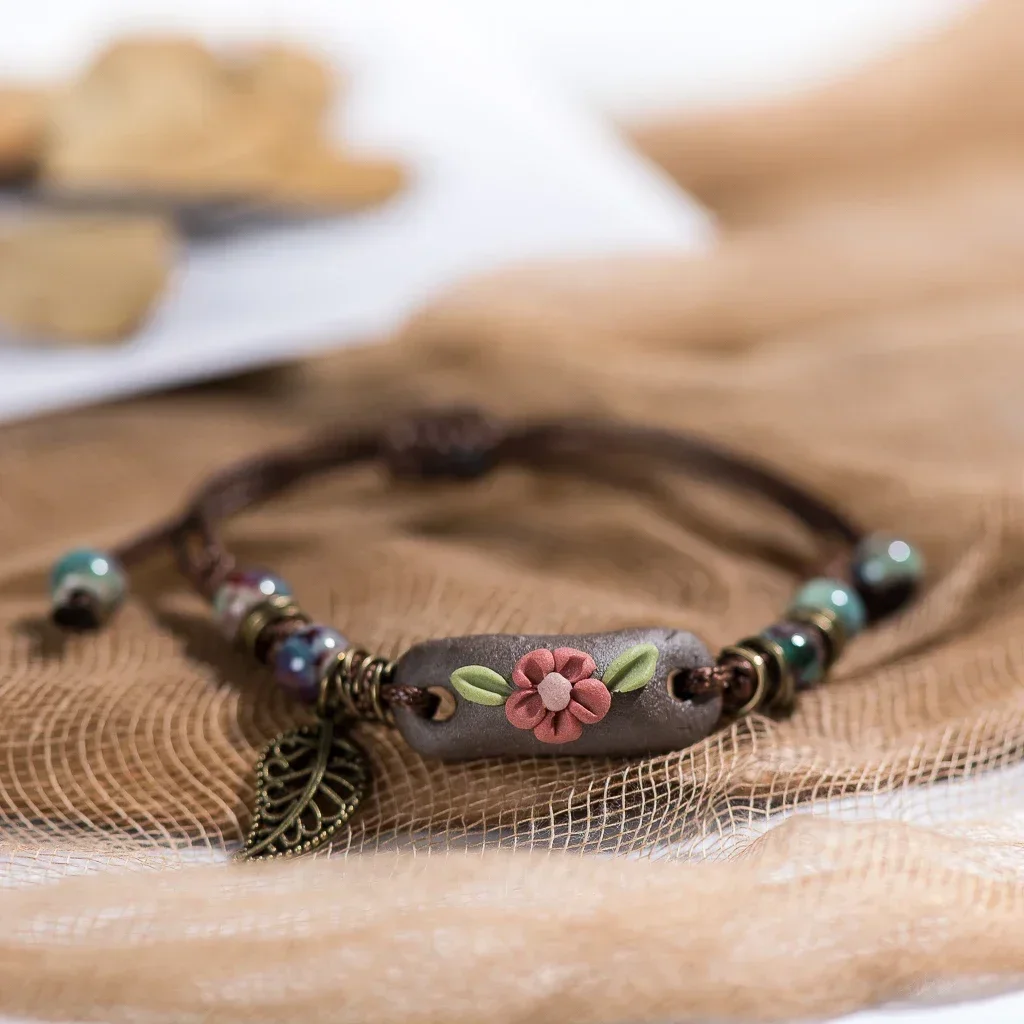Forest Series Plant Hand-kneaded Ceramic Adjustable Bracelet for Women Gift Jewelry