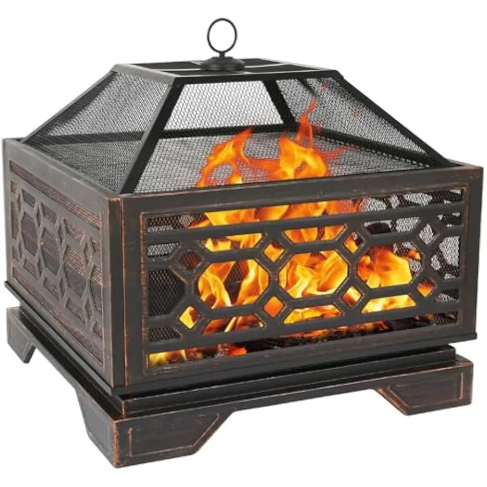 26 Inch Extra Deep Outdoor Fire Pit, Square Wood Burning Firepits with Fire Poker, Large Bonfire with Cooking Grate