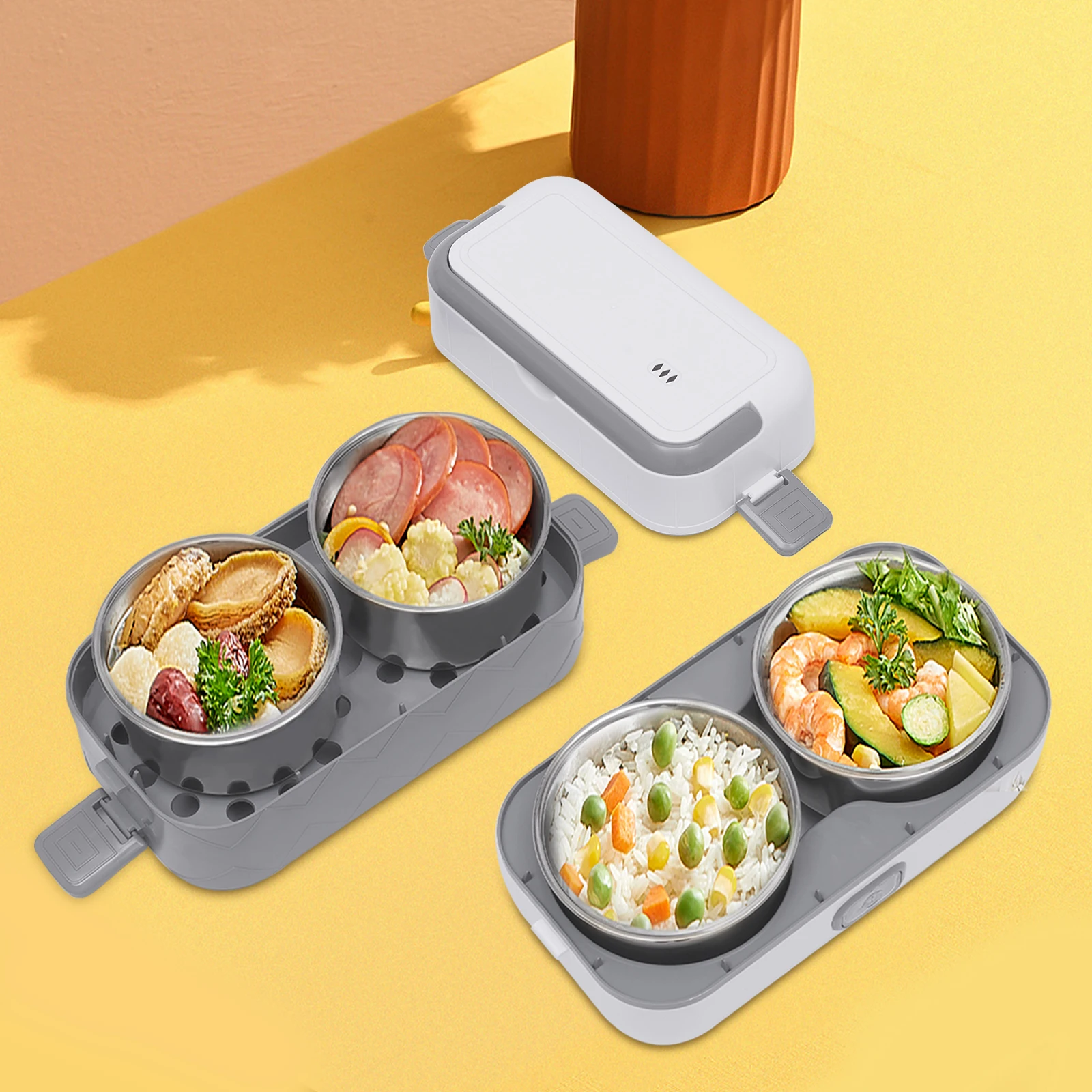 

2-Tier Electric Lunch Box Food Heater Portable Travel Cooker 110V 200W Stainless Steel Insulated Bento Container W/ Fast Heating