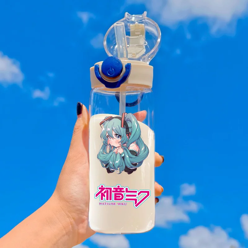 Hatsune-Bouteille d'Eau en Plastique de Grande Capacité, Gourde Portable Transparente, avec Paille, pour Sports de Plein Air, pour Enfants, Cadeaux, 400ml