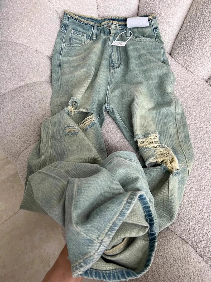 

Y2K summer thin straight old hole washed jeans 2024 new women mopping pants high waist slim loose wide leg pants