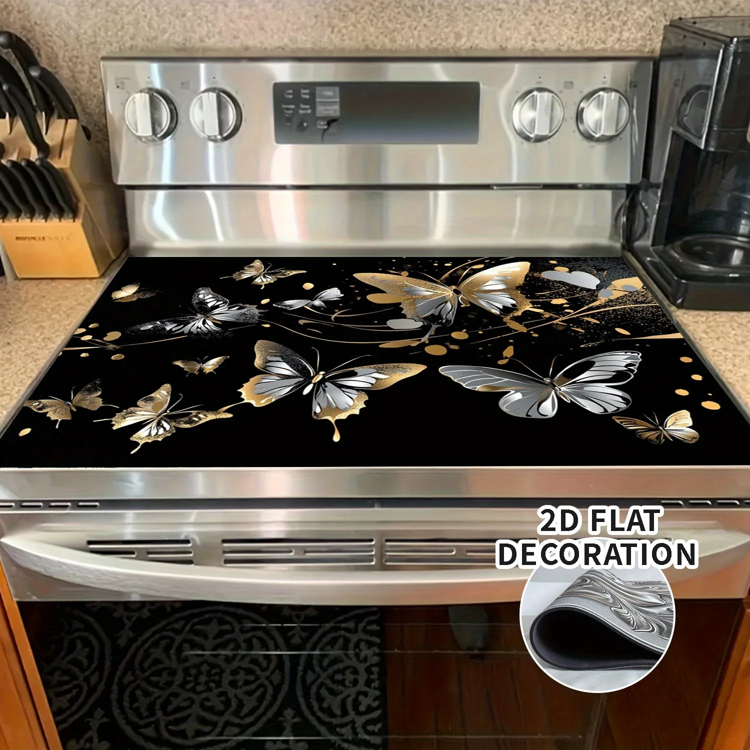 Butterfly Floral Stove Top Cover Heat Resistant Non Slip Protector Mat for Induction Cooktop Kitchen Decor 2D Flat Pad