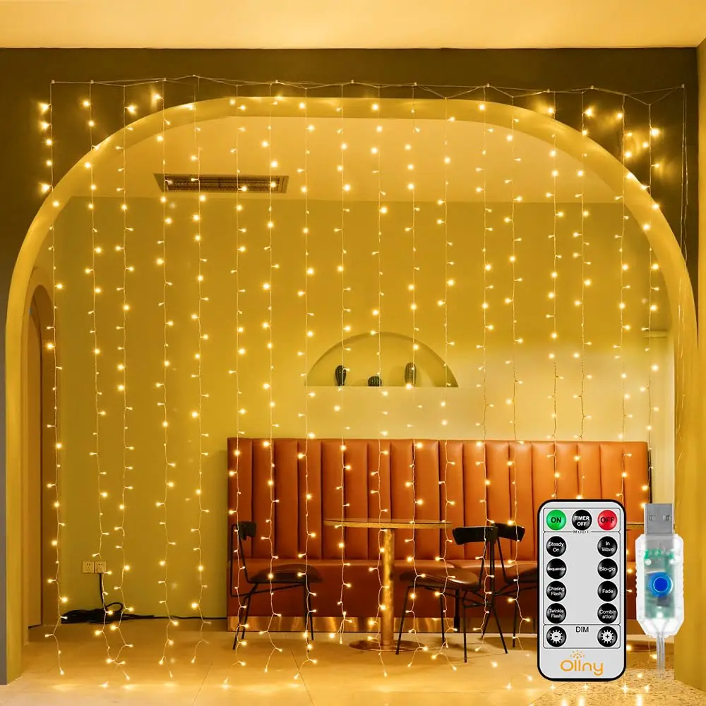 Curtain Lights 300 LED 9.8 FTx9.8 FT, Outdoor Waterproof Curtain String Lights with Remote Timer 8 Modes, USB Waterfall Window Lights for Wall Backdrop Home Decorations (Warm White)