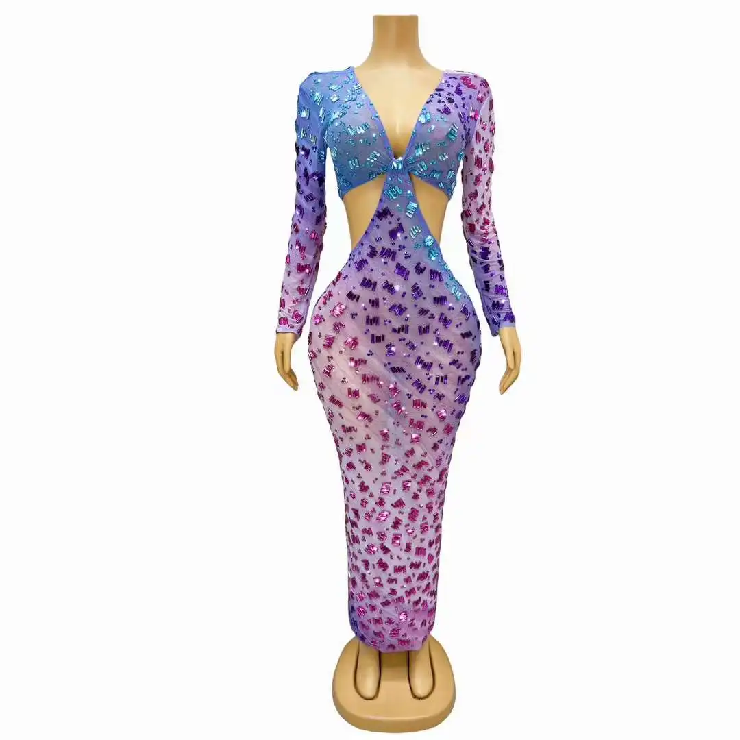 Women Sexy Colorful Sparkly Crytral Diamonds Long Sleeves Dress Evening Party Singer Performance Costume Nightclub Stage Wear