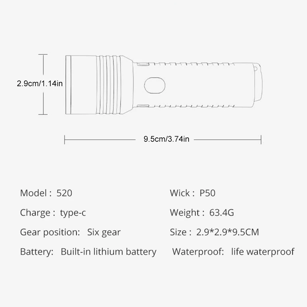 

XHP50 LED Flashlight 500mAh 800LM Torch Light Type-C USB Rechargeable 6 Modes IPX4 Waterproof for Camping Banknote Verification