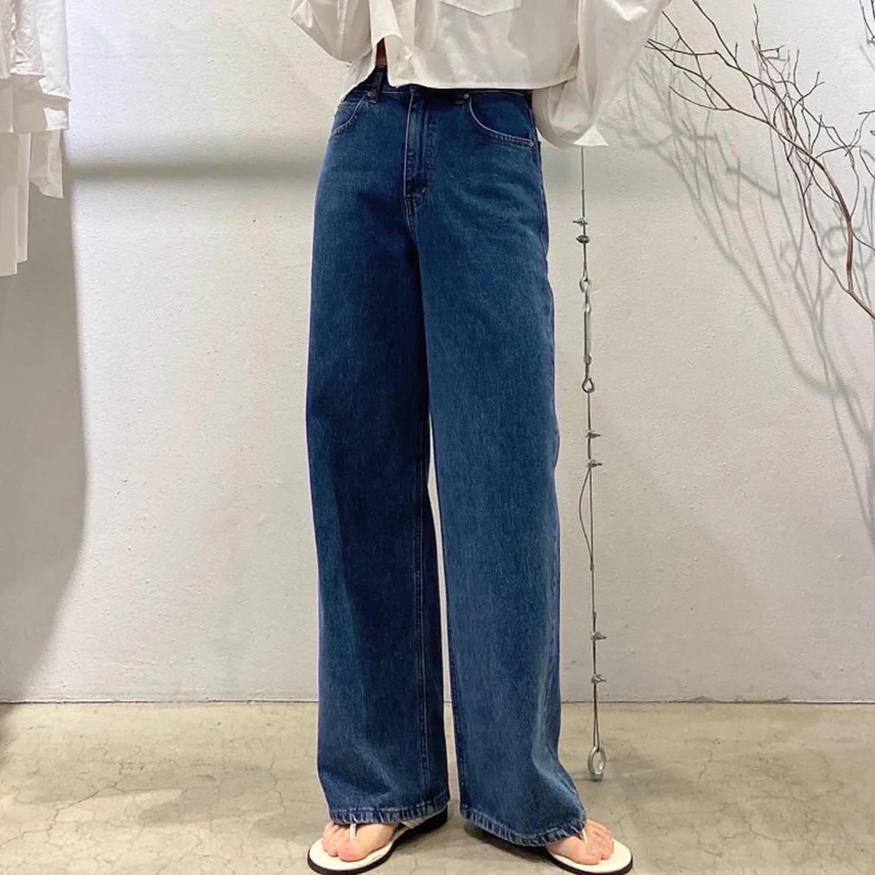Retro High Waist Wide Leg Denim Jeans Women's Single Button Design Washed Blue Loose Fit Autumn Fashion Chic Ladies' Jeans