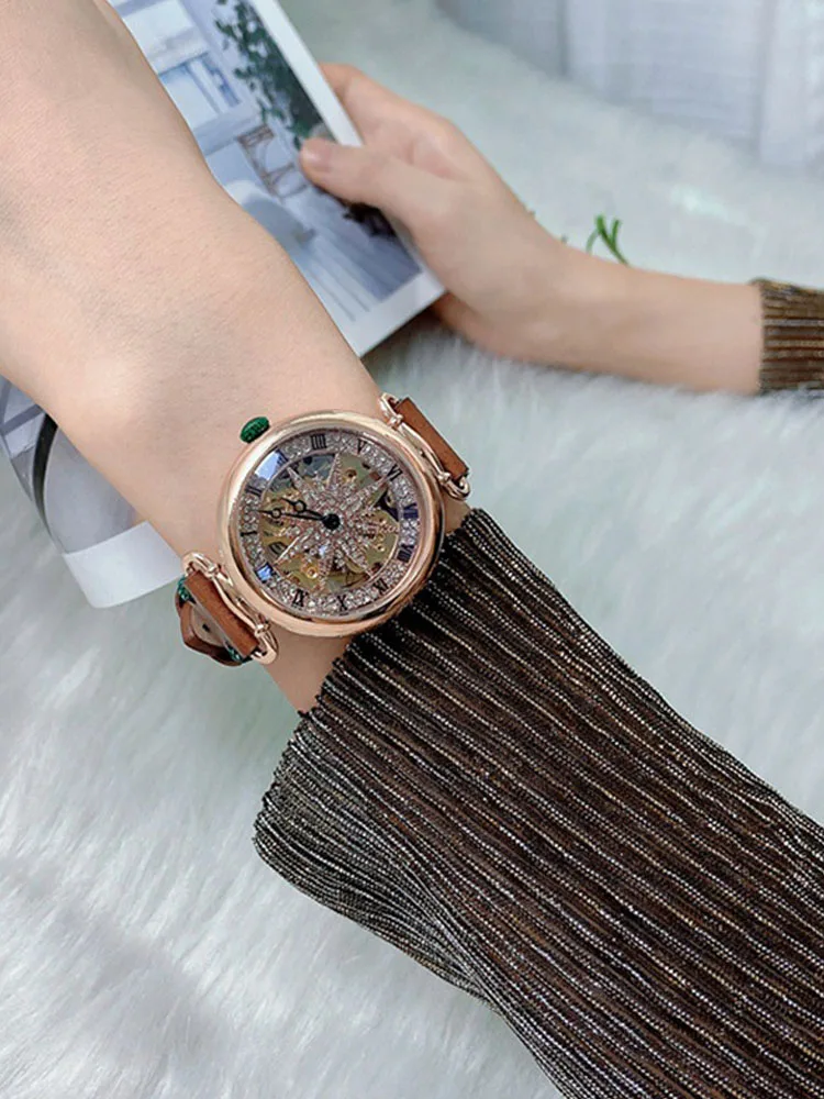 Fashion Womens Watches Brand Ladies Creative Steel Leather Belt Buckle Waterproof Fully Automatic Mechanical Watch