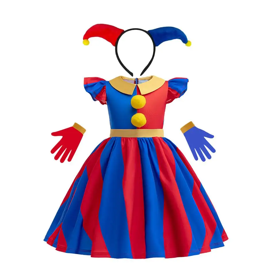 Childrens Clown Costume Girls Pomni Costume Kids Red Blue Striped Fancy Dress Halloween Carnival Party Outfit