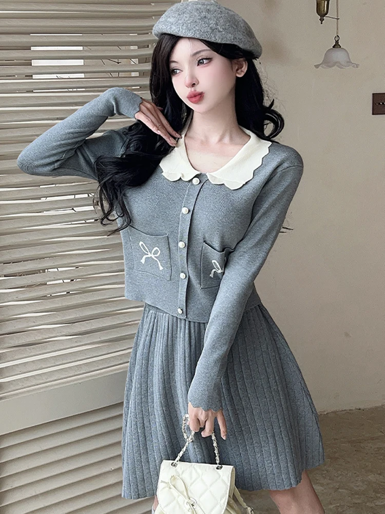 

Vintage Temperament Knit Suits Women Sweet Peter Pan Collar Sweater Cardigan Tops + Mini Pleated Skirt Female Streetwear Sets