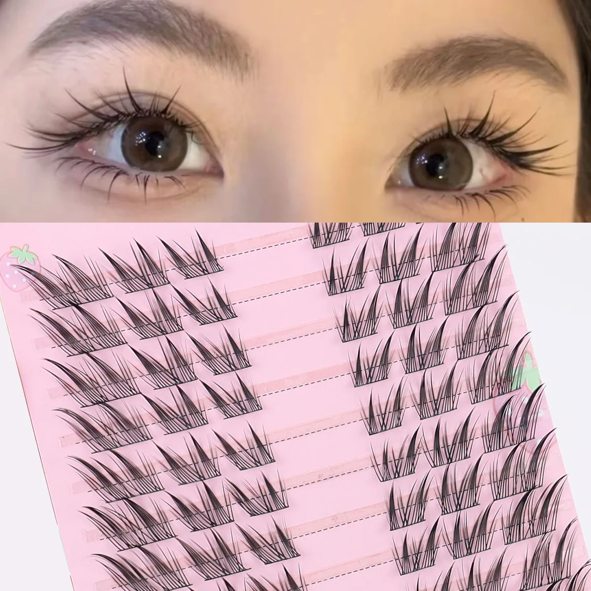 자연스러운 애니메이션 스타일 인조 속눈썹 연장 글루 세트+속눈썹 글루+특수 속눈썹 클립 -60개 클러스터, 9-14mm, C형 컬