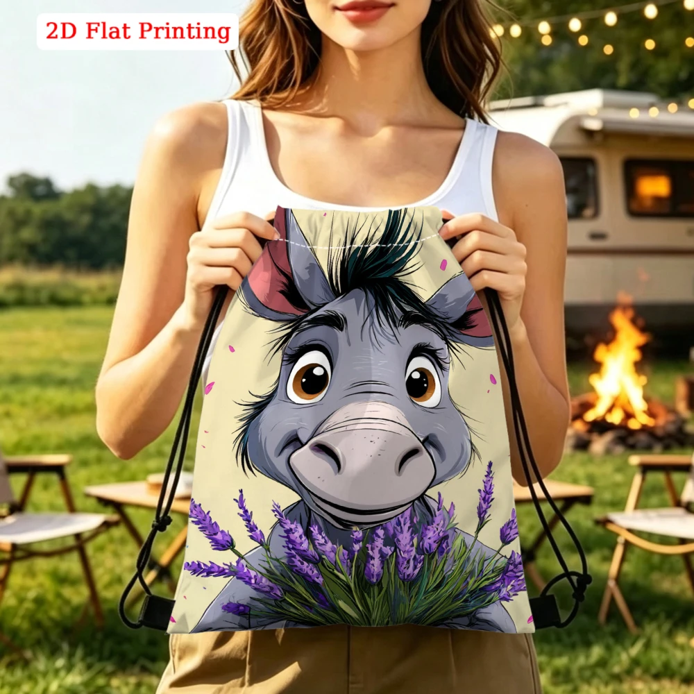 Cute Cartoon Style, Drawstring Backpack, Funny Donkey With Lavender Flowers Print, Gym Sports Bag, Outdoor Travel Drawstring Bag