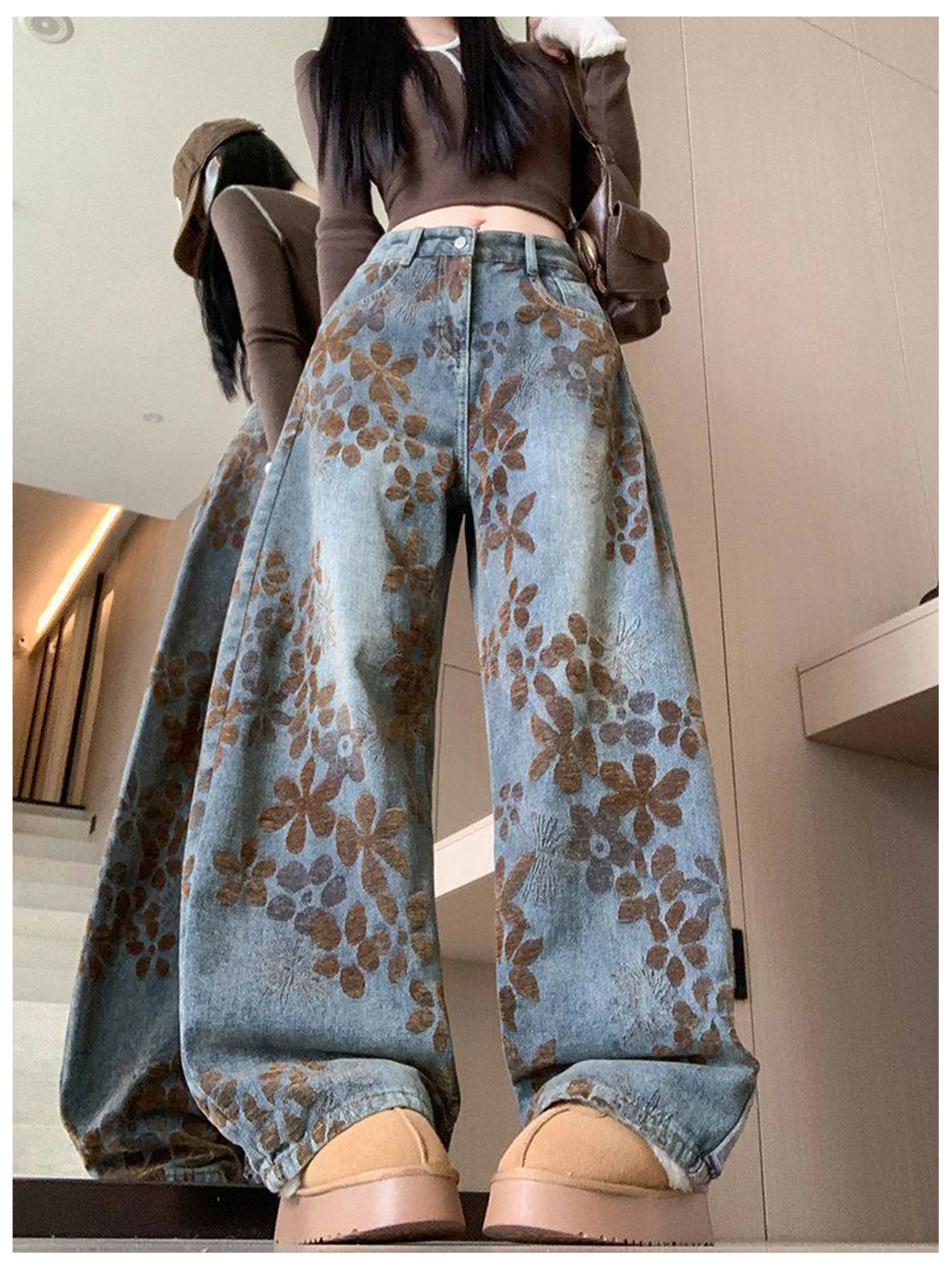 

Джинсы женские с высокой талией и широкими штанинами, с цветочным принтом в стиле ретро, свободного кроя, длиной в пол, повседневные, для осени и зимы, новинка