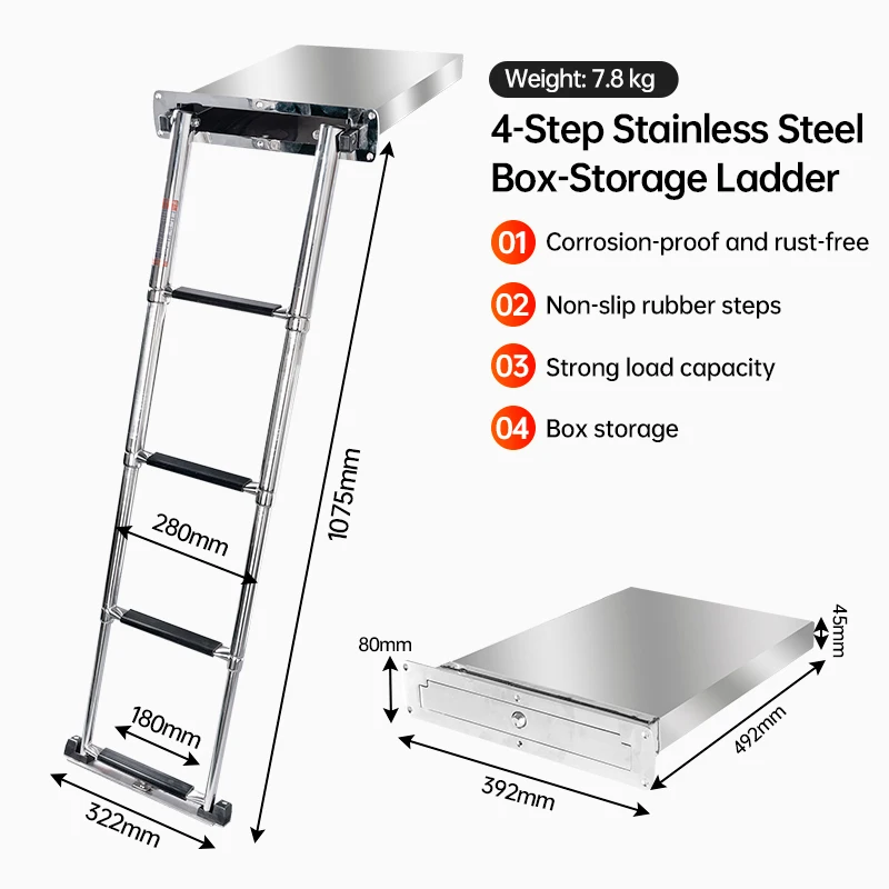 Stainless Steel 4-Step Telescoping Boat Ladder with Recessed Storage Box, Hidden Marine Swim Ladder with Anti-Slip Steps