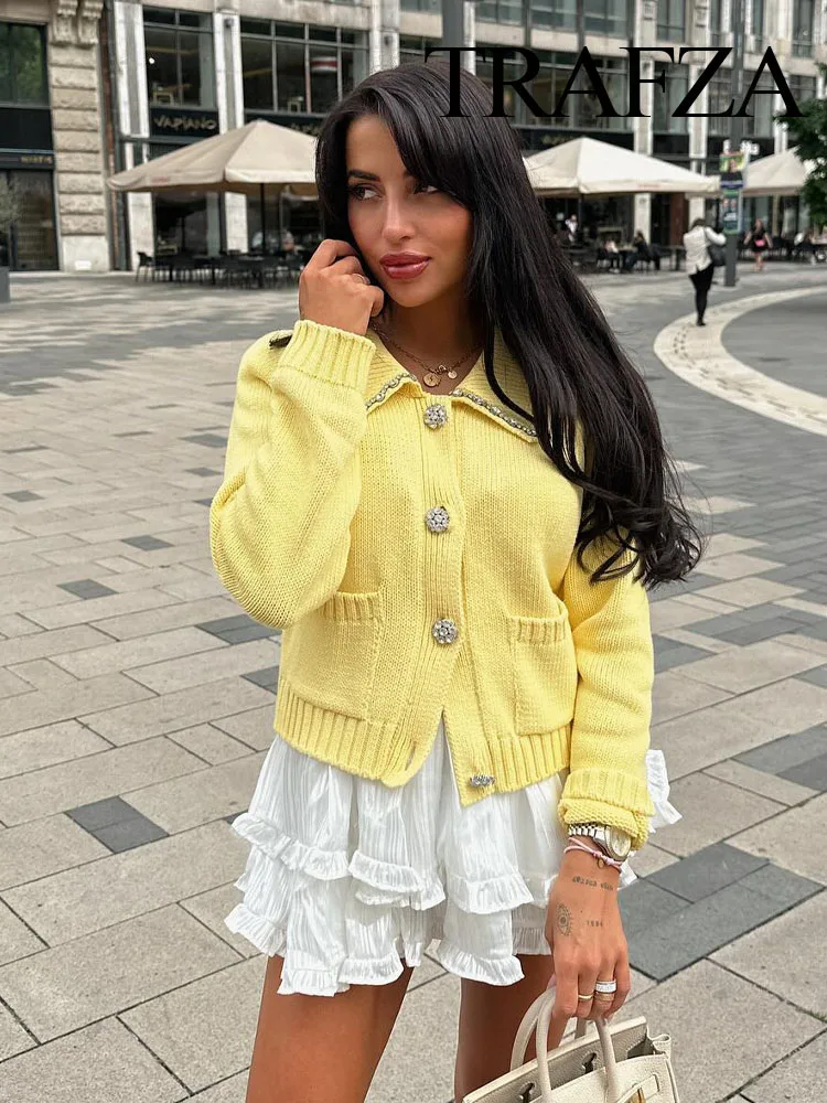 

TRAFZA Women Knitted Tops Yellow Turn-Down Collar Long Sleeves Rhinestones Single Breasted Female Summer Casual Cardigan TRAF