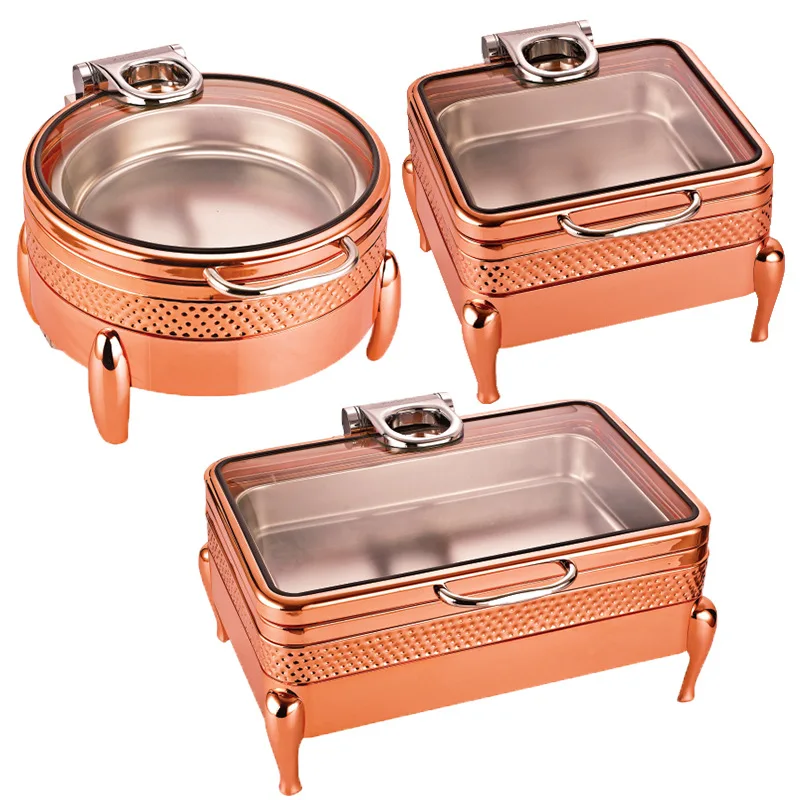 Brass Metal rectangle Round  rose Gold silver luxury crown restaurant equipment chaffing dish food warmer glass lid hammered