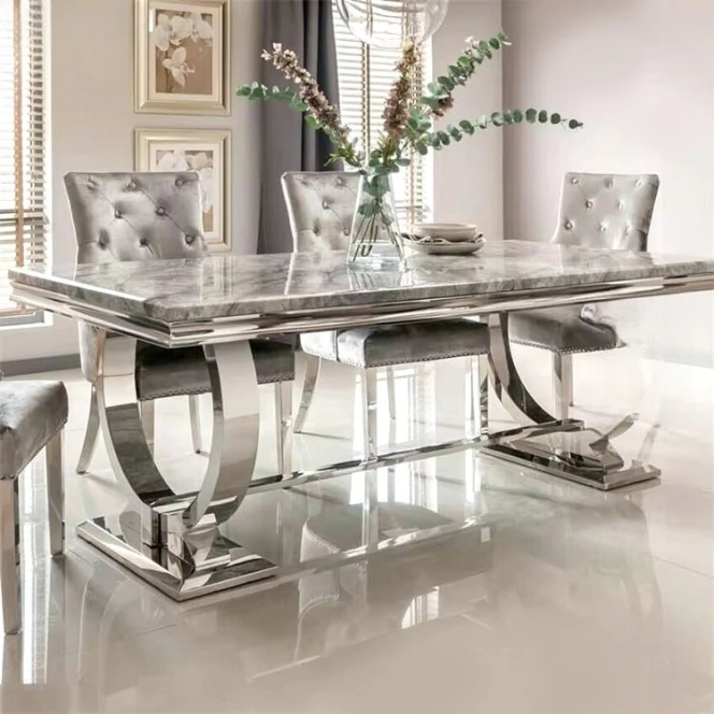 

Marble dining table and chair combination Italian rectangular dining table chairs simple household stainless steel dining table