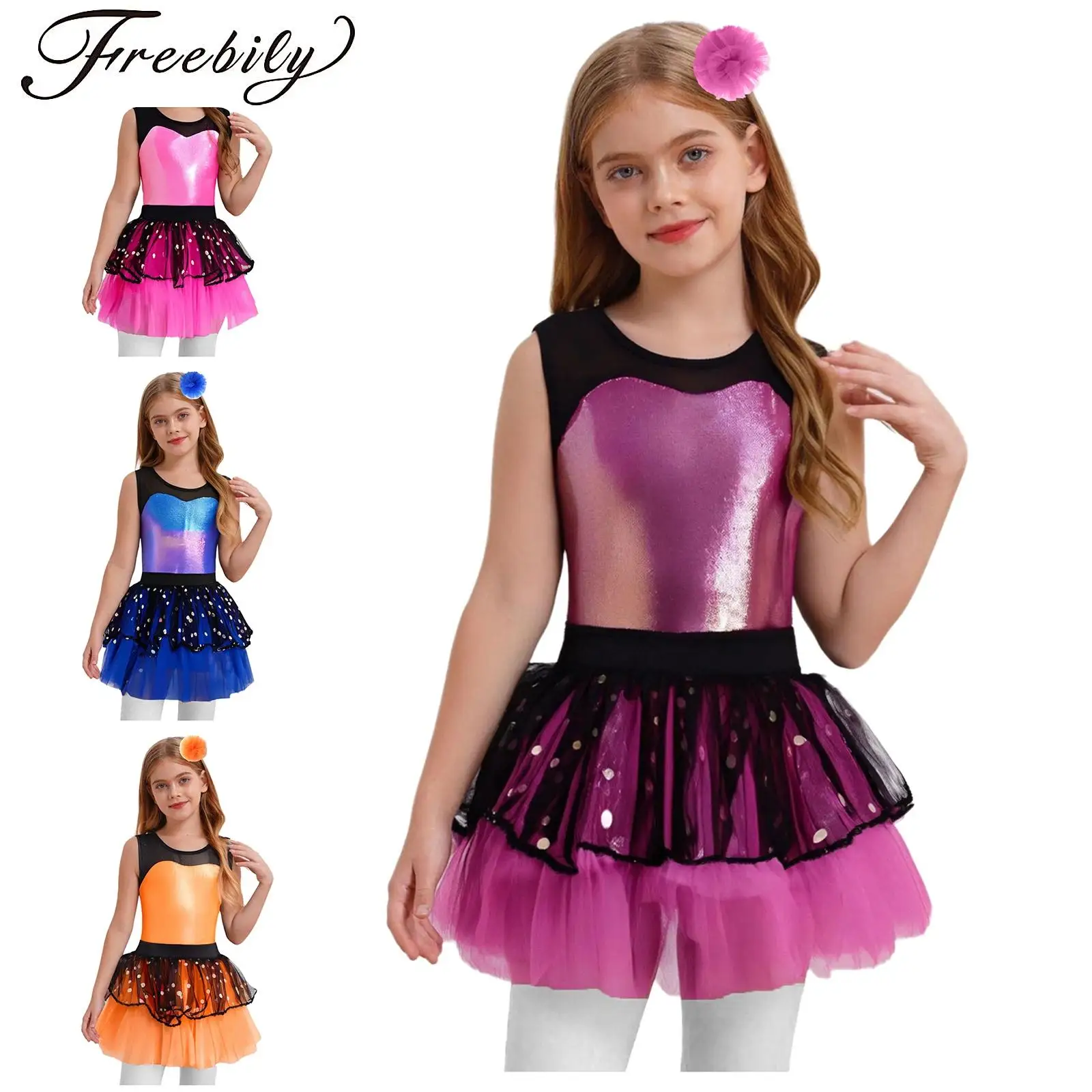 Girls Metallic Shiny Ballet Tutu Dress Sleeveless Sheer Mesh Patchwork Gymnastics Leotard with Headwear Dance Party Performance