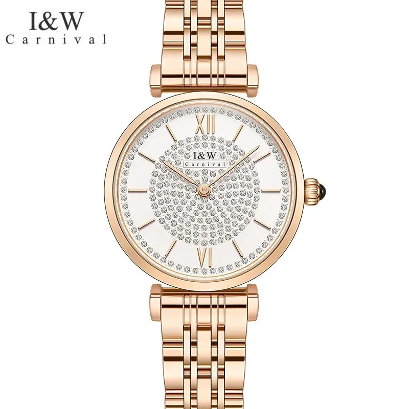 

Switzerland I&W Carnival Luxury Brand Japan Quartz Women's Watches 8 MM Ultra-thin Case Waterproof Diamond Full Steel Clock 547L