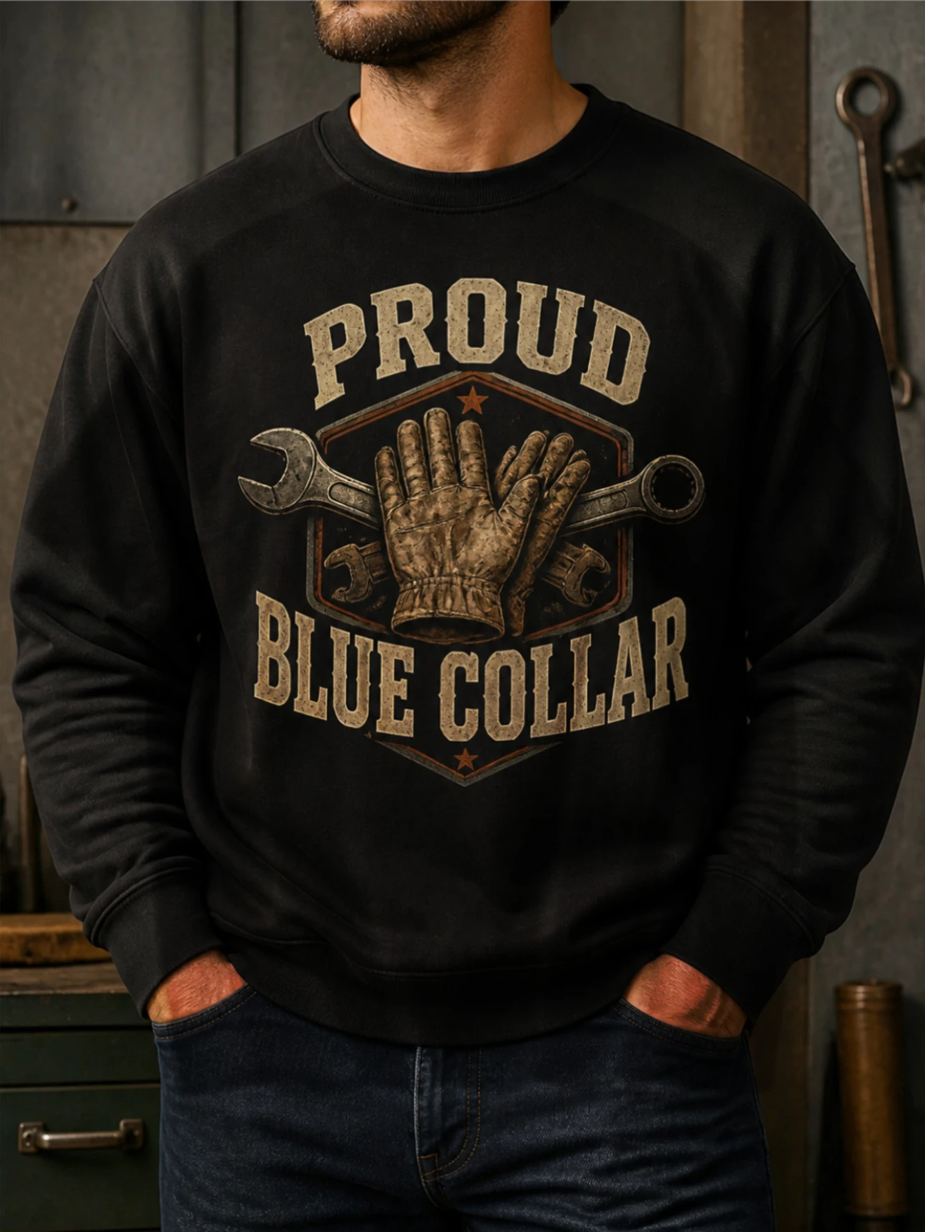 Men's Sweater, Proud Blue Collar Pattern Print, Retro Mechanical Tooling Style, Comfortable Crew Neck Jumper, Suitable for Daily Wear, Plus Size
