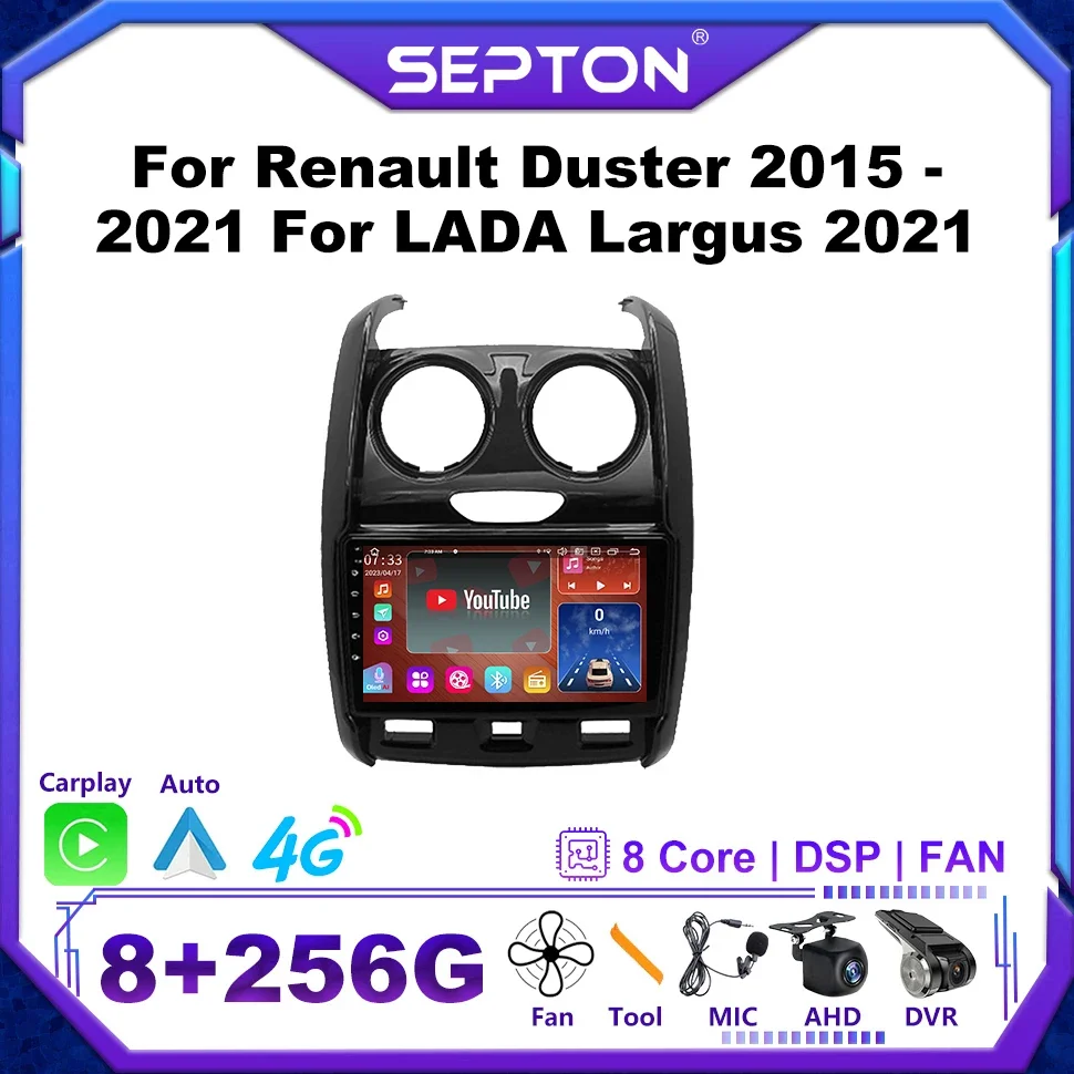 SEPTON 8+128G Car Radio for Renault Duster 2015 - 2021 for LADA Largus 2021 Wireless Carplay Android Auto Automotive Multimedia