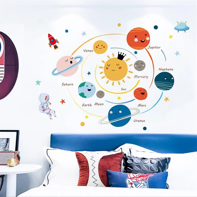 2PCS/LOTS Removable Cartoon Hand Drawn Solar System Wall Stickers For Kindergarten Children's Room Study Decoration And Layout