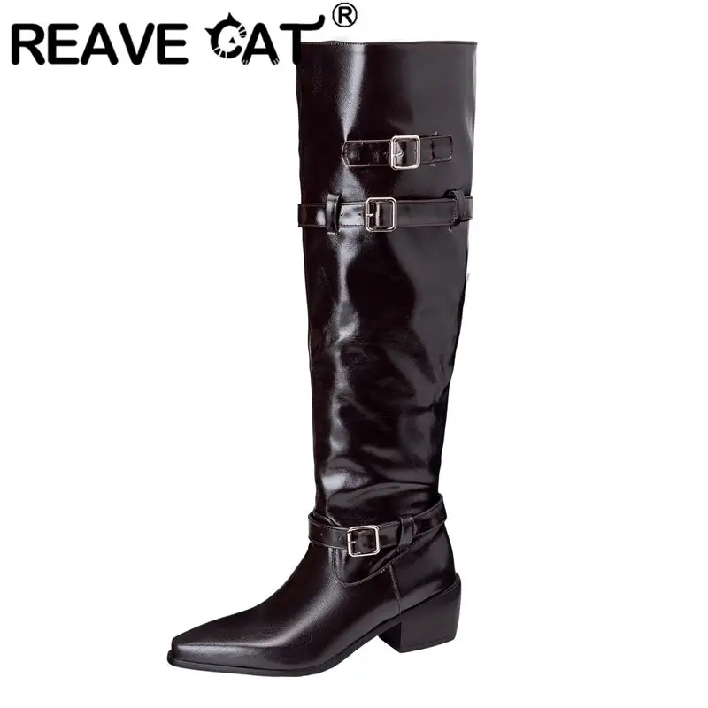 

REAVE CAT Design Women's Knee High Footwear Pointed Toe Block Heels 5.5cm Slip On Belt Buckles Big Size 46 47 48 Riding Bota