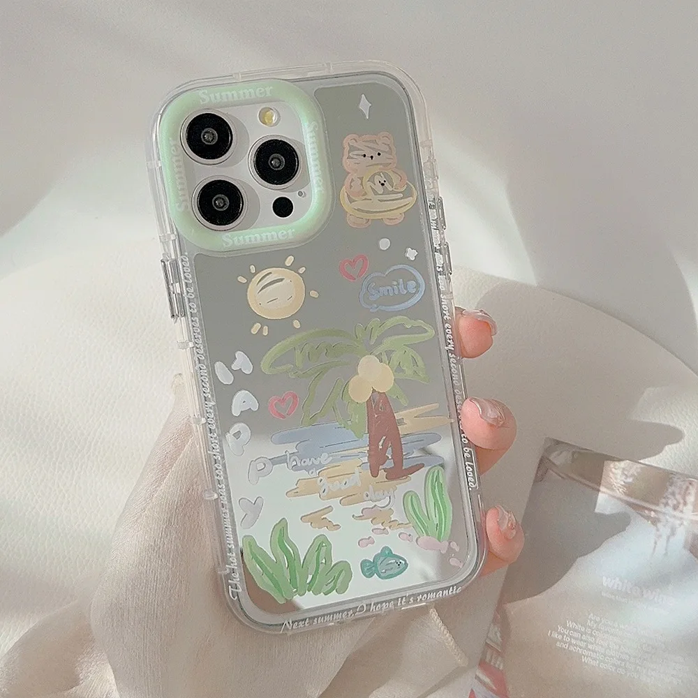 Sommer Cartoon Strand Kokosnussbaum Graffiti Make-Up Spiegel Telefon Fall Für iPhone 11 12 13 14 15 16 Pro max XS XR Stoßfest Abdeckung