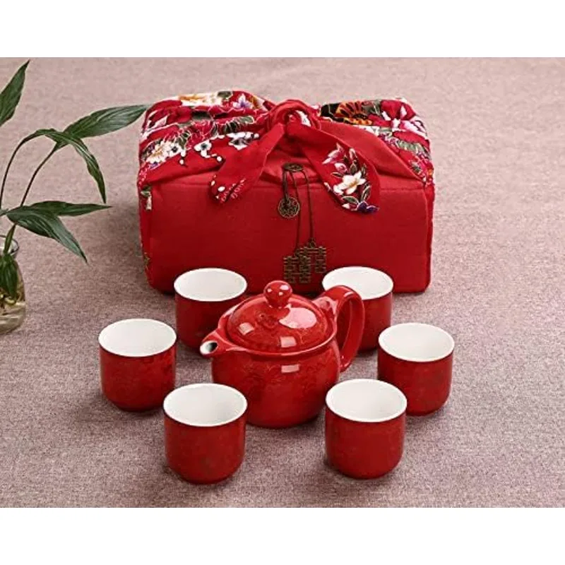 Traditional Wedding Decoration Supplies Double Happiness Porcelain Tea Set Teapot and Tea Cup 7 Pcs