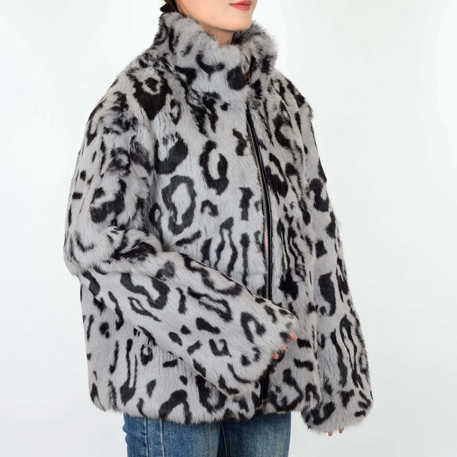 معطف نسائي فاخر من فراء الأرانب الحقيقي بلون سادة وطية صدر واسعة وإغلاق سريع لخريف وشتاء فروي وأكمام طويلة معطف أنيق