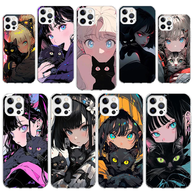 Anime Girls Cute Black Cat Phone Case Cover for iPhone 16 15 14 Plus 13 12 Mini 11 Pro Max X XS XR 7 8 + SE Apple Soft Shockproo