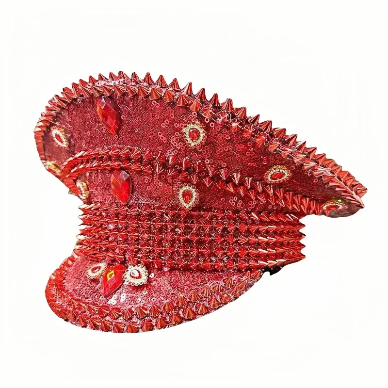 Rot Strass Luxus Festival Kapitän Hut Hochzeit Militär Kapitän Hüte Steampunk Caps Punk Nieten Sergeant Hut Maskerade – Detail 4