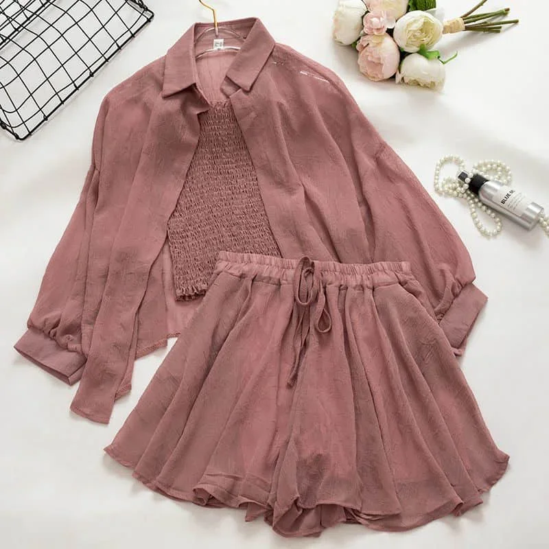 2025 New Fashion Spring Summer Suit Three Piece Sling Top Sunscreen Coat Chiffon Wide Leg Pants Two Pieces Female Coat Sweet Lad