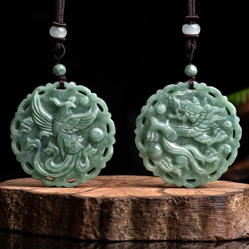 

Natural A Cargo Emerald Handmade Carving Dragon and Phoenix Pendant Fashion Boutique Jewelry Couple Jade Necklace Trip