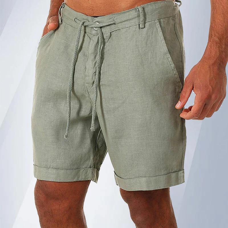 Pantalones cortos de lino para hombre, Shorts de algodón para la playa, holgados, sólidos, moda de verano