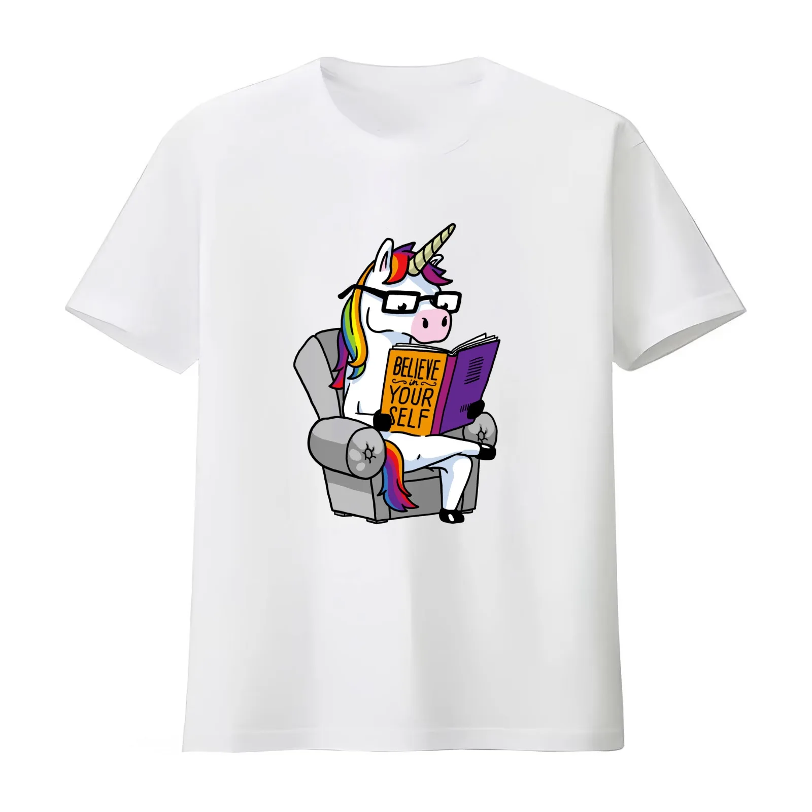 Unicorn Believe Yourself Self Affirmation Book T-Shirt Summer Casual Cotton Tee Oversized Streetwear Tops Unisex Men Women