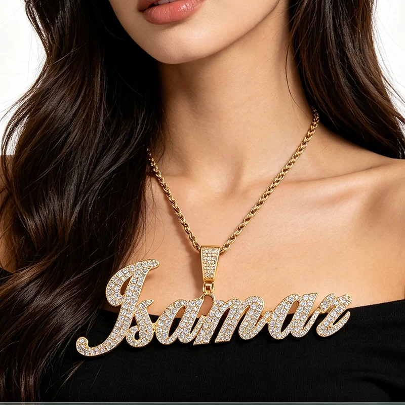 Custom Script Letter Name Necklace Iced Out Pendant Cubic Zircon Nameplate Charm HipHop Jewelry