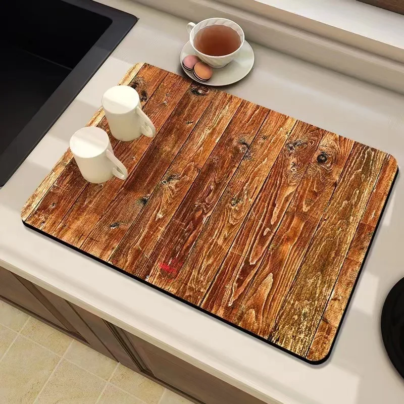 Wood Grain Drain Pad Mat Kitchen Antiskid Draining Coffee Dish Drying Quick Dry Bathroom Drain Pad Tableware Mats Decoration
