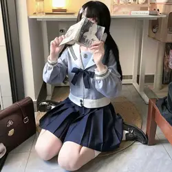 Japan JK Blue School Style Suit Skirt Suit Girls Long Sleeve Navy Collar Bow Collegiate Style Sailor Clothes Goldfish Bow