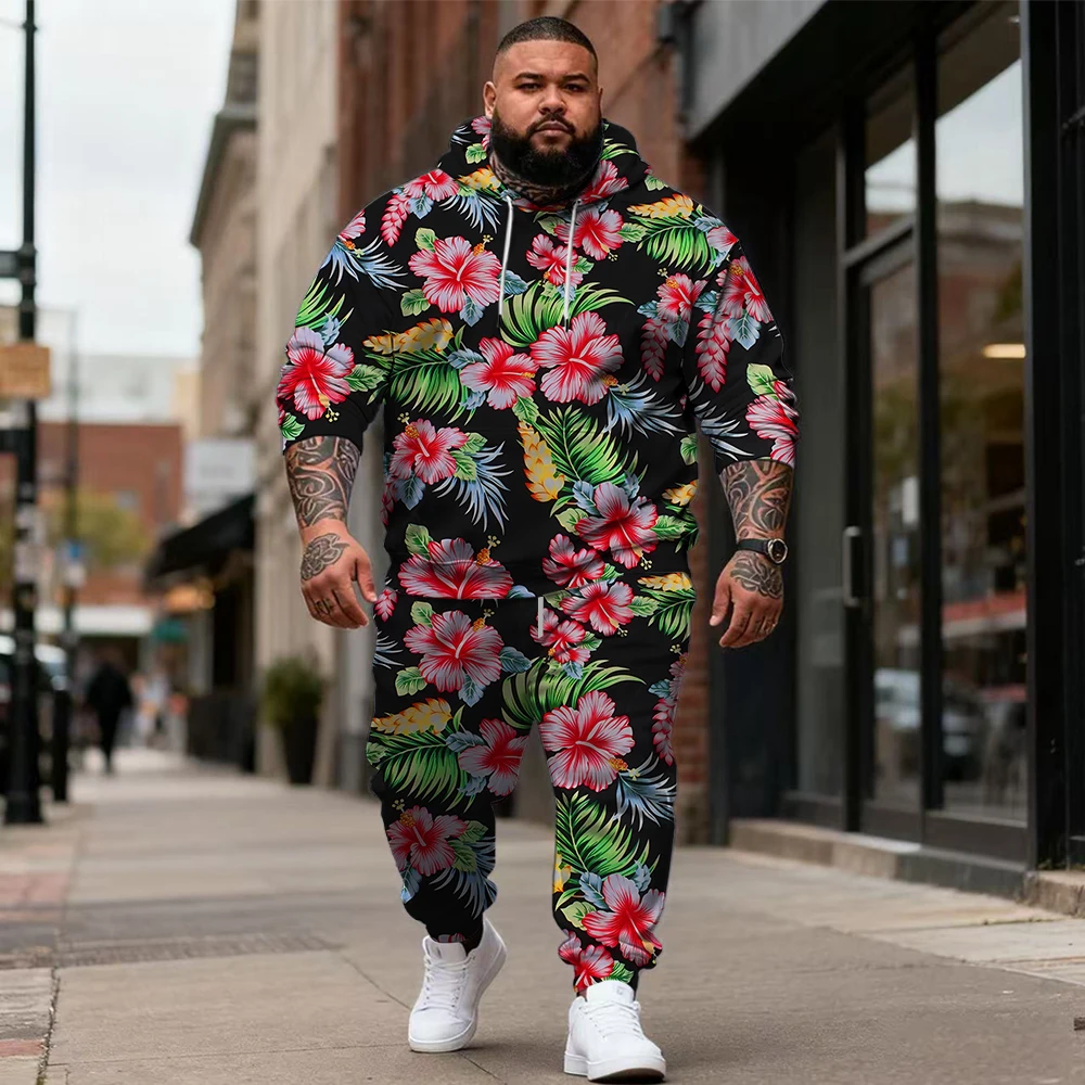 

S-9xl Мужская толстовка больших размеров большого и высокого размера: Floral Flair — комплект из 2 предметов Street Chic, прочная ткань, стильные цветочные принты