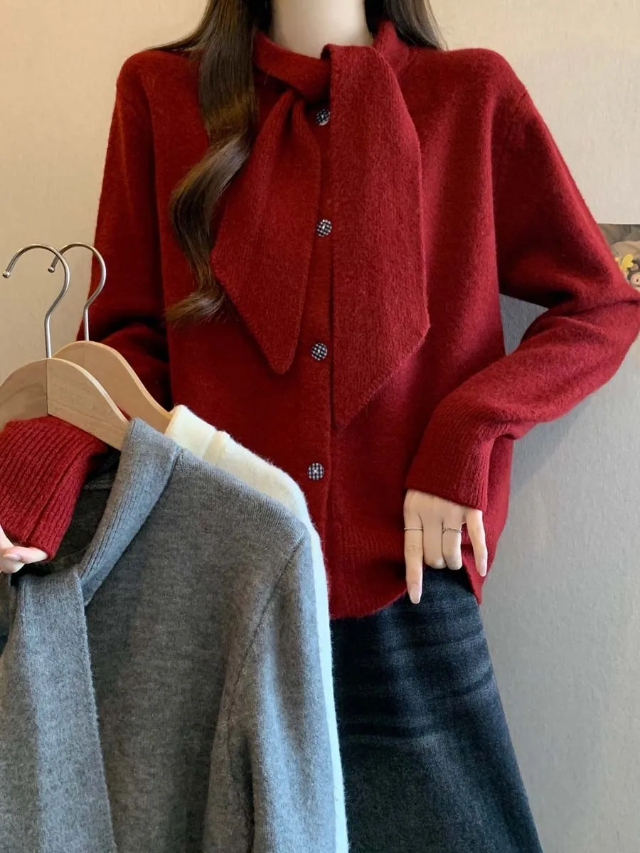 

Sweet Knot Long Sleeve Knitted Sweater plus Size Autumn Winter New Style Slimming Versatile Design Knitwear Top